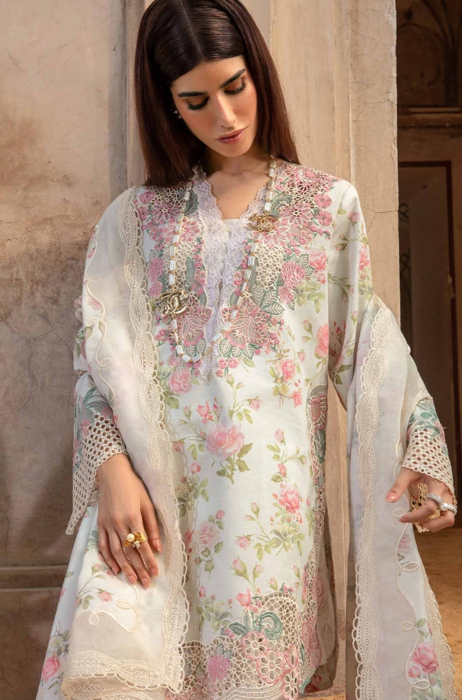 Crimson 3PC Unstitched Lawn Printed + Embroidered Shirt with Printed Silk Dupatta and Embroidered Trouser