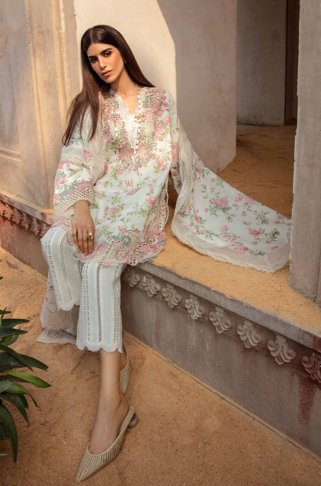 Crimson 3PC Unstitched Lawn Printed + Embroidered Shirt with Printed Silk Dupatta and Embroidered Trouser