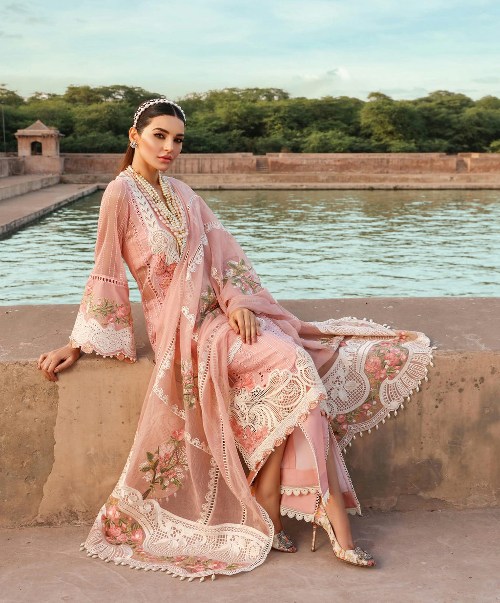 Crimson 3PC Unstitched Luxury Lawn Heavy Chikenkari Embroidered Suit With Ready To Wear Dupatta