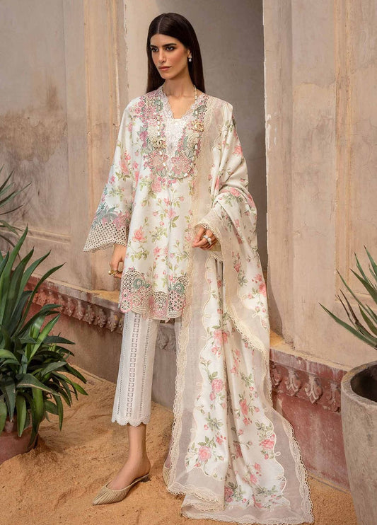 Crimson 3PC Unstitched Lawn Printed + Embroidered Shirt with Printed Silk Dupatta and Embroidered Trouser