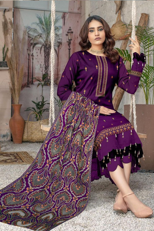 Bareeze 1672 C Unstitched Luxury Dhanak Heavy Embroidered 3PC Suit With Laser Cut Shawl