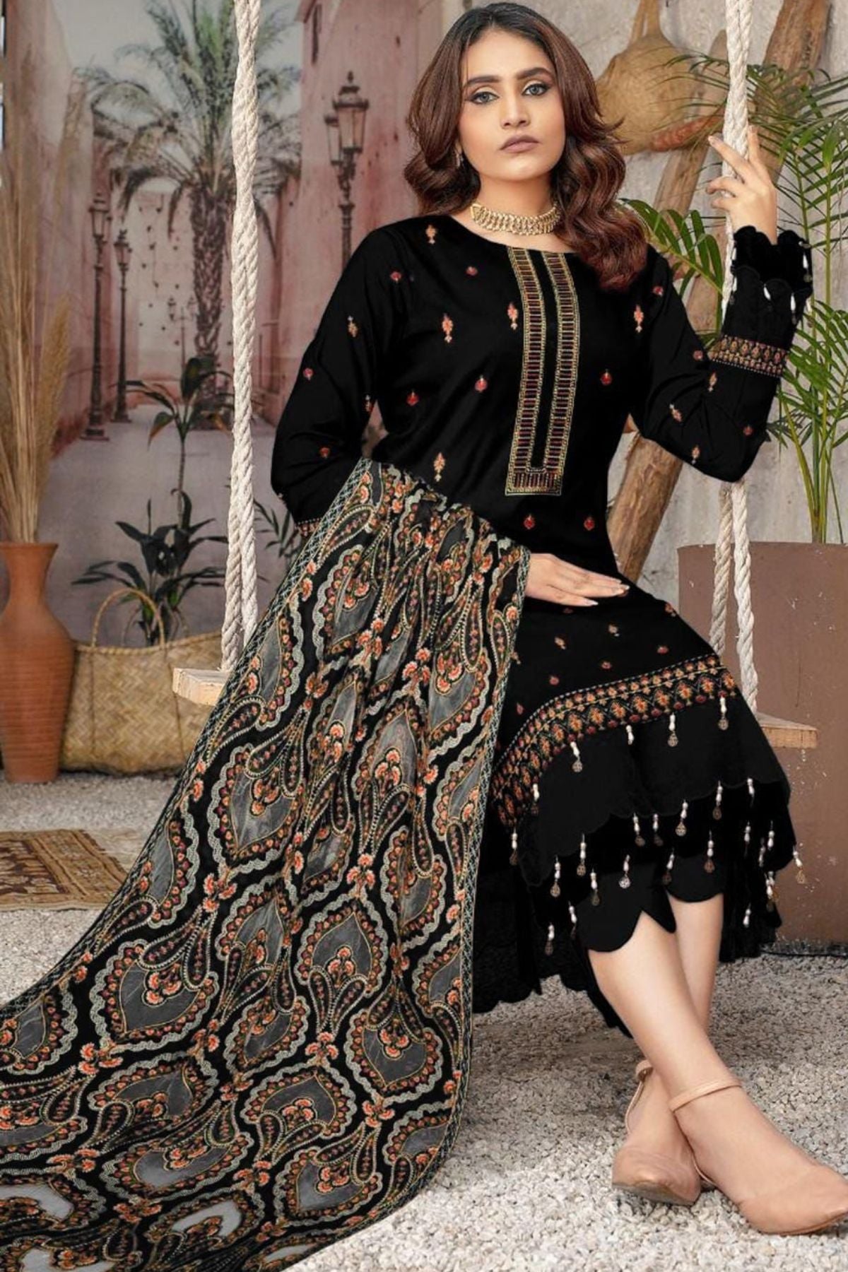 Bareeze 1672 Black Unstitched Luxury Dhanak Heavy Embroidered 3PC Suit With Laser Cut Shawl