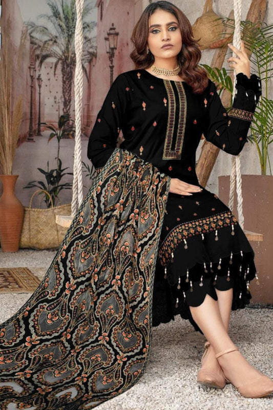 Bareeze 1672 Black Unstitched Luxury Dhanak Heavy Embroidered 3PC Suit With Laser Cut Shawl