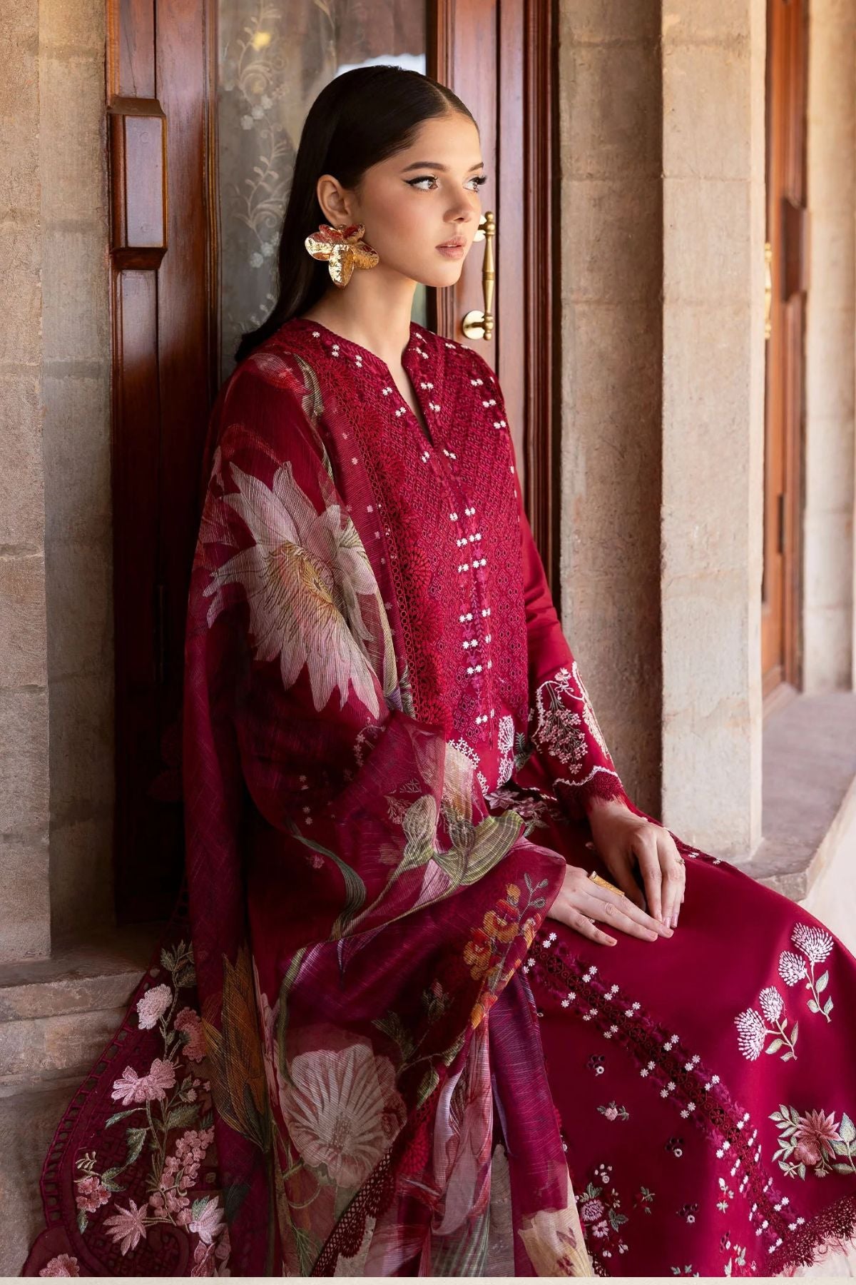 Crimson 002 Unstitched Luxury Dhanak Chikankari Heavy Embroidered 3PC Suit